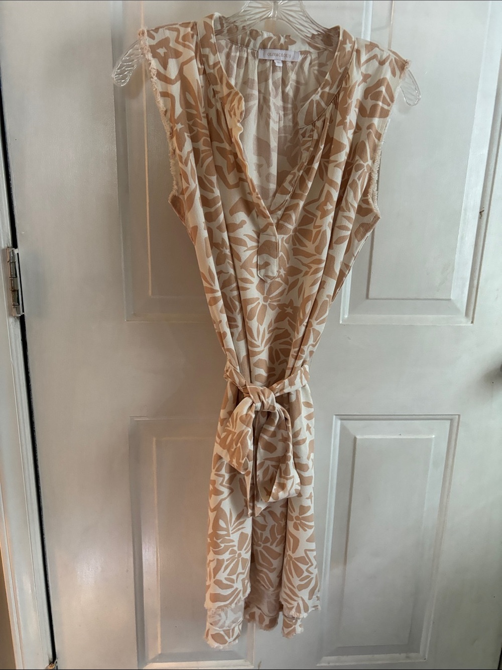 Olivaceous Beige and Cream Floral Tie-Waist Mini Dress